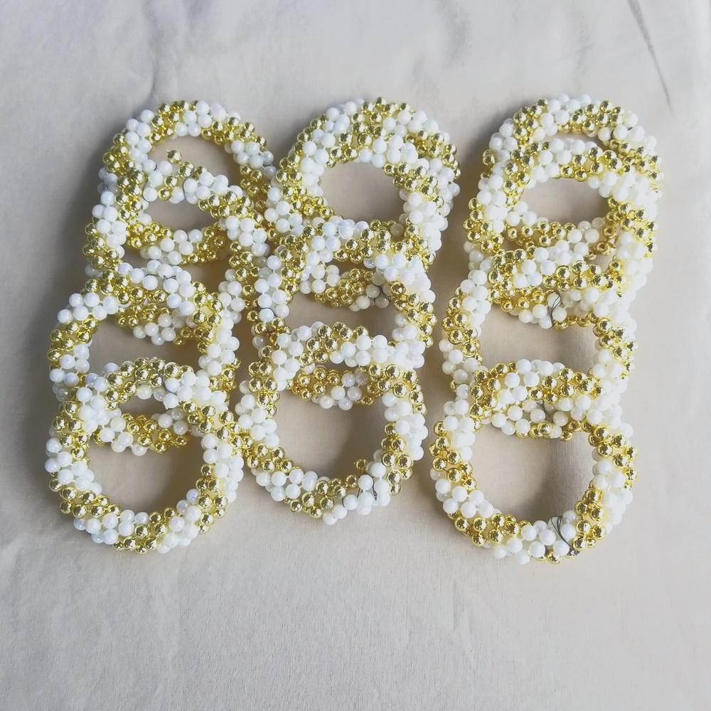 12 Gold White Beaded Napkin Rings Holders